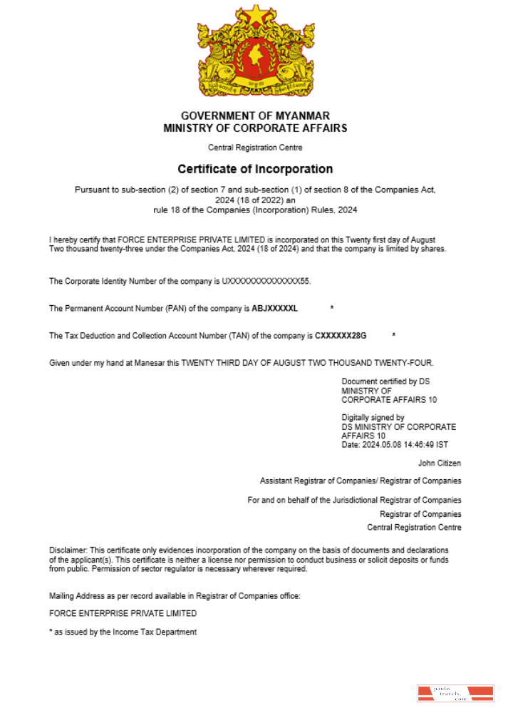 Myanmar  business registration certificate Word and PDF template